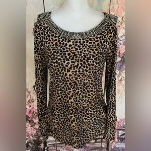 Masseys - Leopard Print Cold Shoulder Top With Silver Beaded Accents. Size M